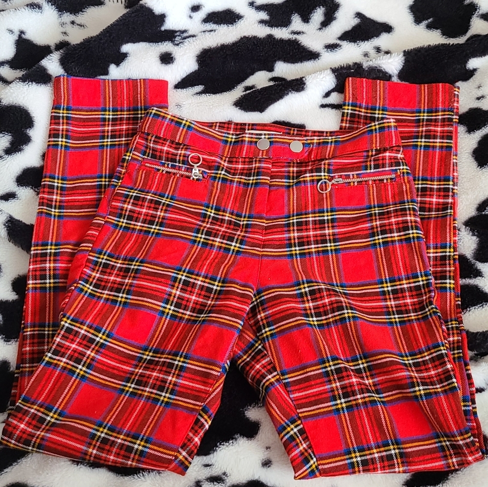 red plaid pants with o rings and snap closure